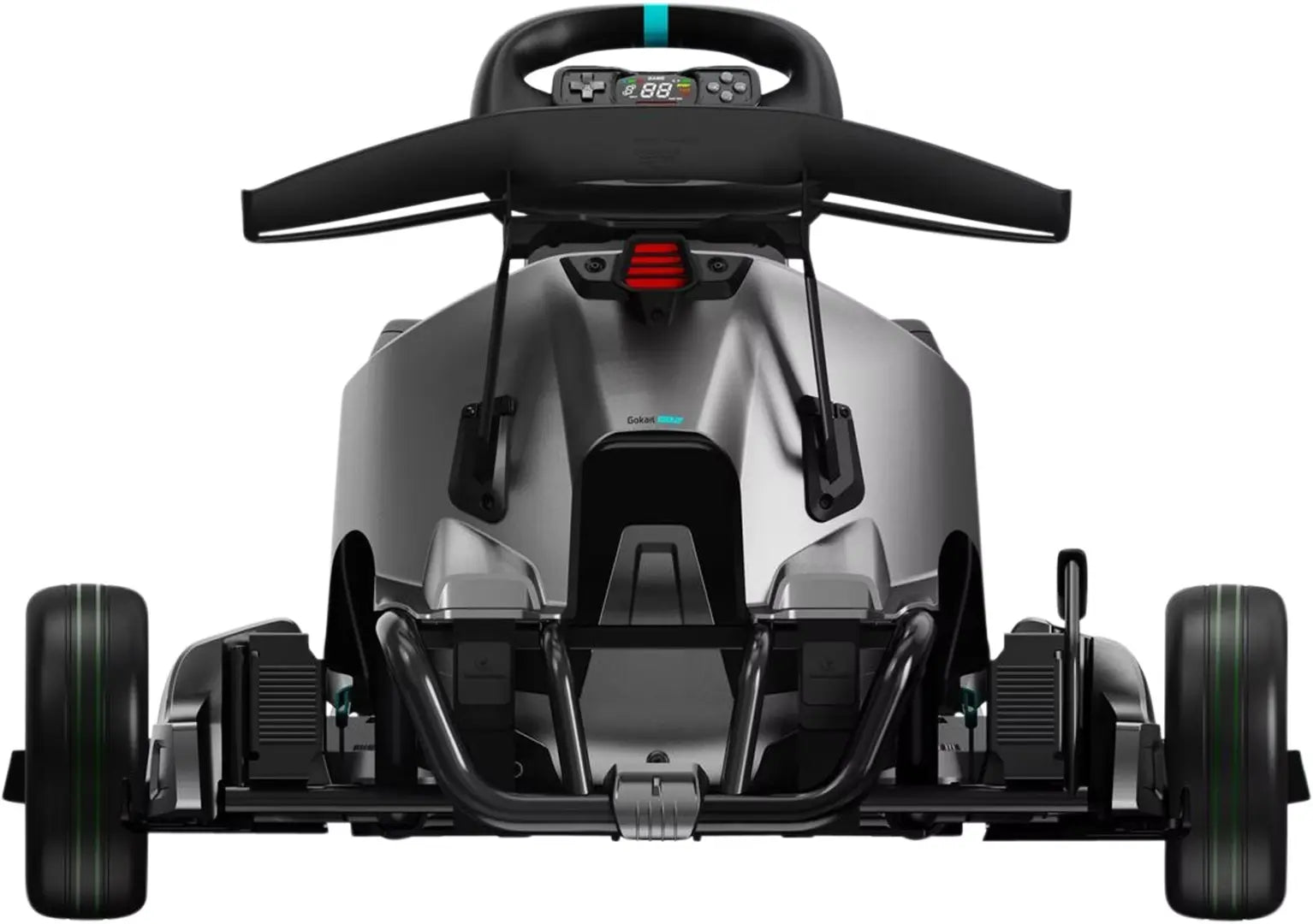 Vue de face du kart électrique Segway Ninebot GoKart PRO 2 avec volant de course et tableau de bord