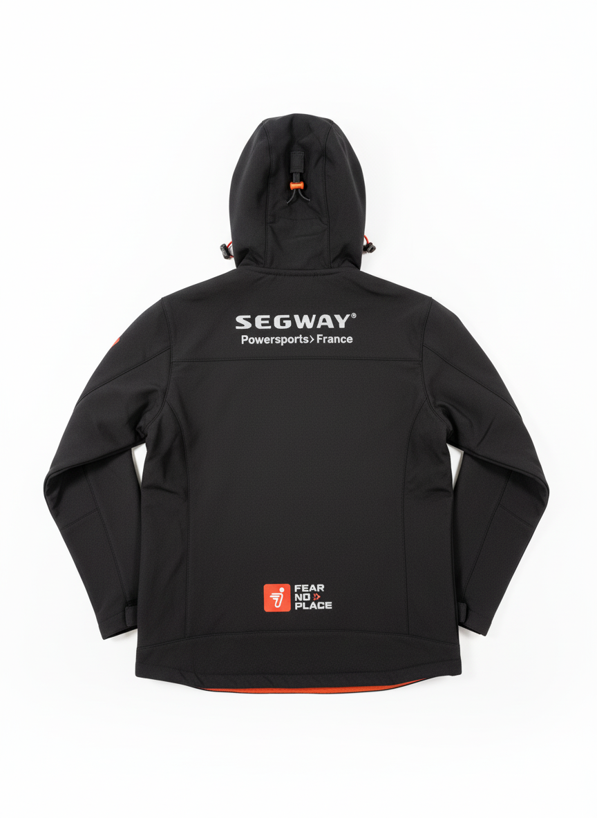 Blouson softshell Segway Powersports noir, vue arrière avec logo brodé