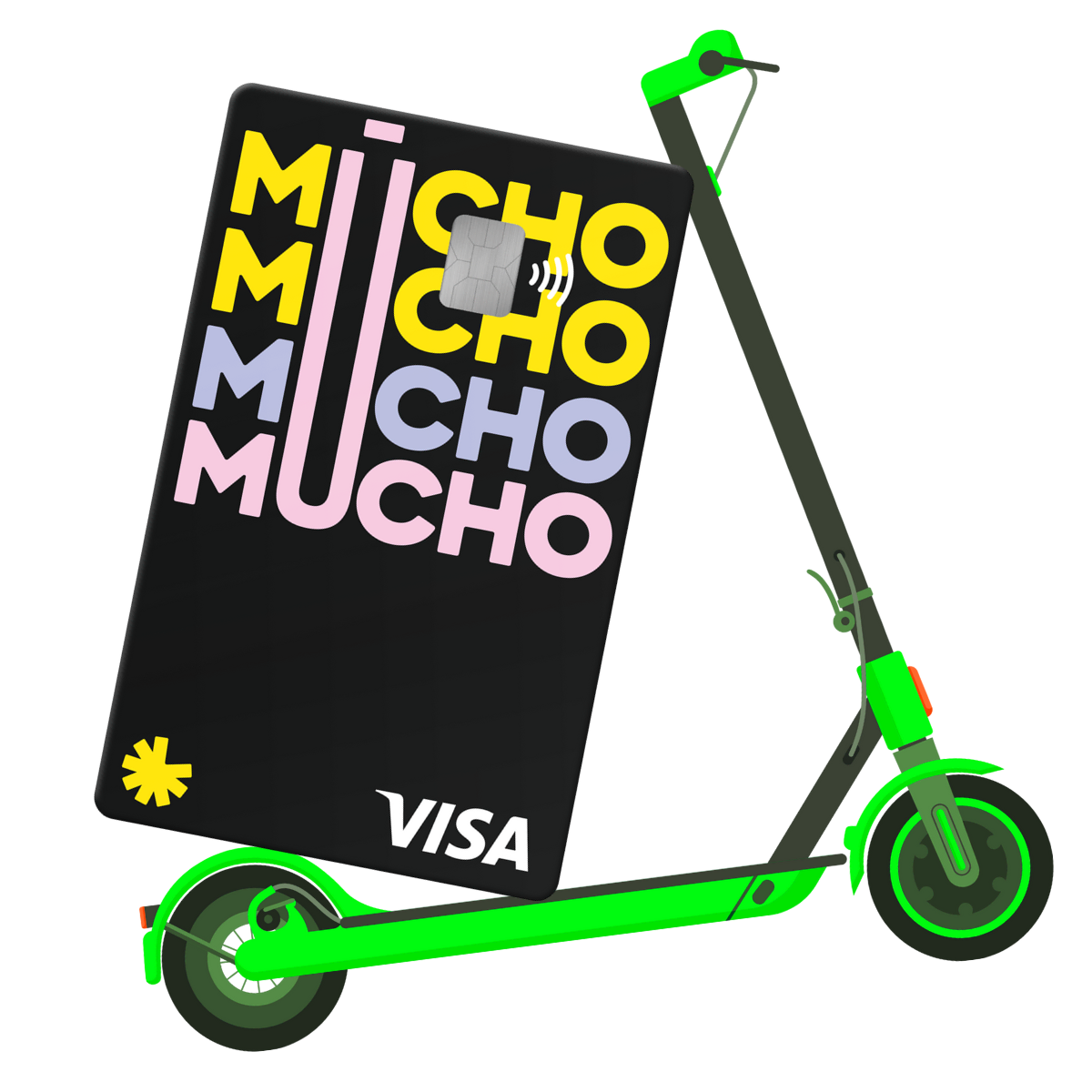 Carte Visa Mucho et trottinette électrique verte pour la mobilité durable