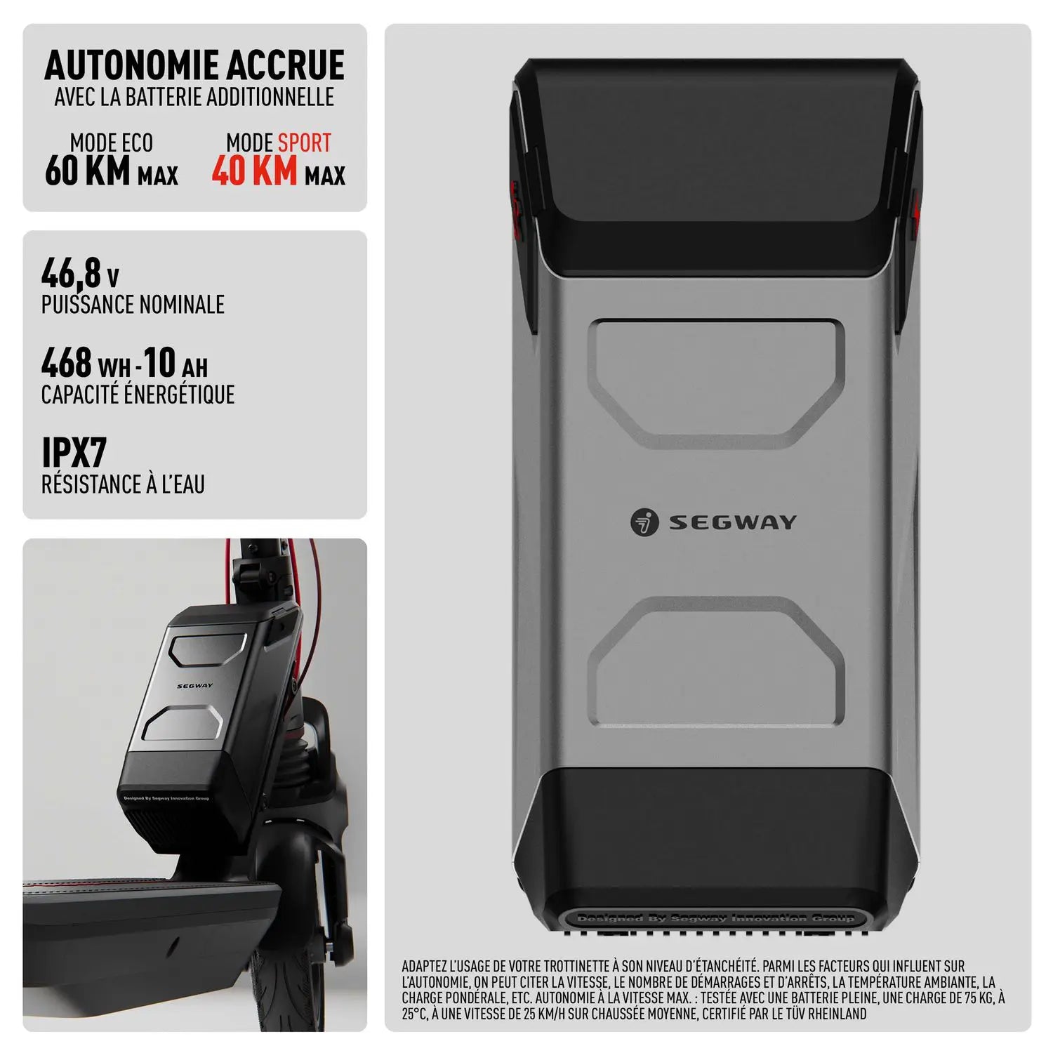 Batterie externe 48 V Segway : 468 Wh, 10 Ah et étanchéité IPX7