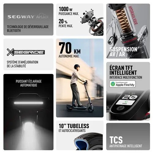 Caractéristiques de la trottinette électrique Segway Ninebot F3 E : 1000 W, 70 km, écran TFT et SegRide