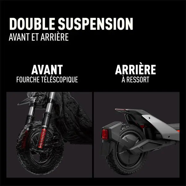 Double suspension avant à fourche télescopique et arrière à ressort, Segway ZT3 Pro E