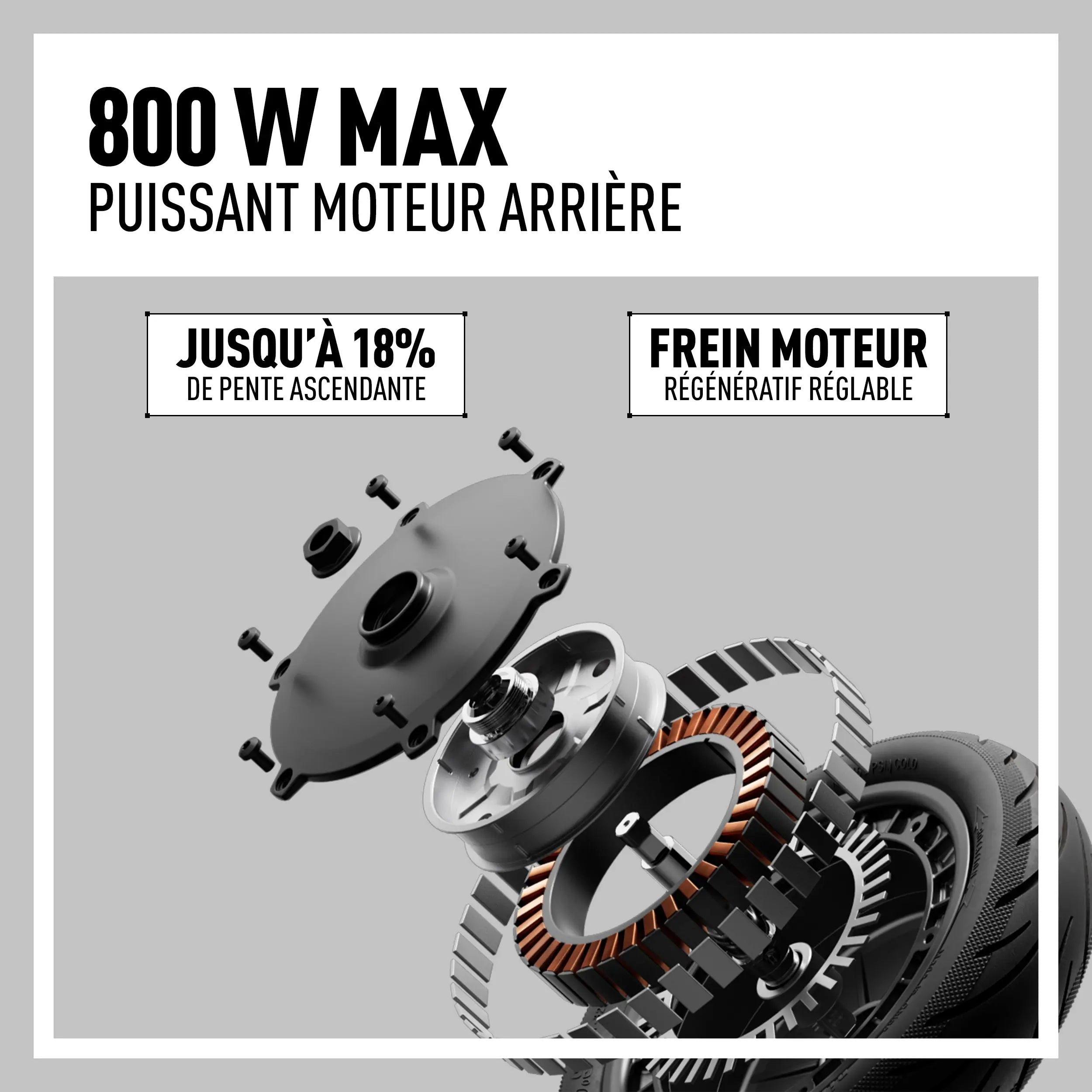Moteur arrière 800 W de la trottinette Segway Ninebot E3 E, montée en pente jusqu'à 18 %