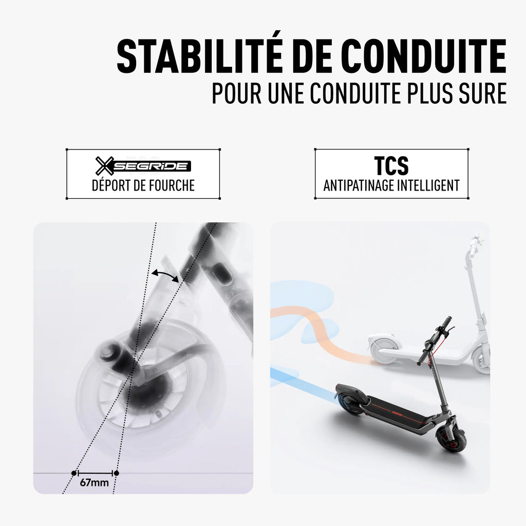 Stabilité SegRide à déport de fourche et antipatinage TCS de la Segway Ninebot E3 E
