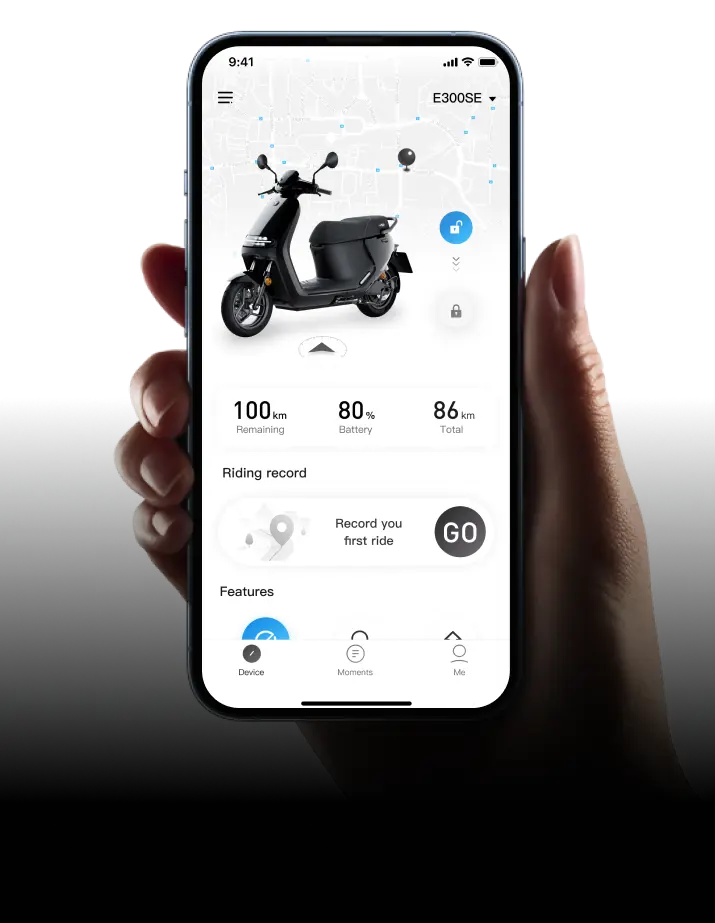 Application Segway Mobility affichant l'autonomie et la batterie du scooter Segway E150 S