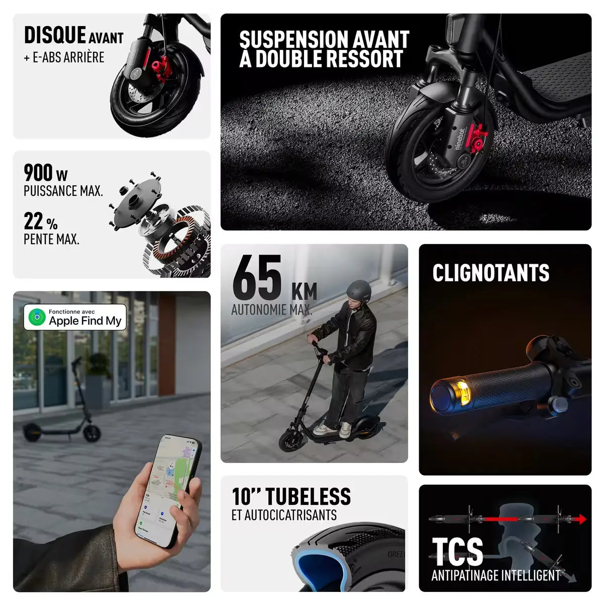 Caractéristiques de la trottinette Segway Ninebot F2 Pro E II : 900 W, 65 km, pneus 10 pouces