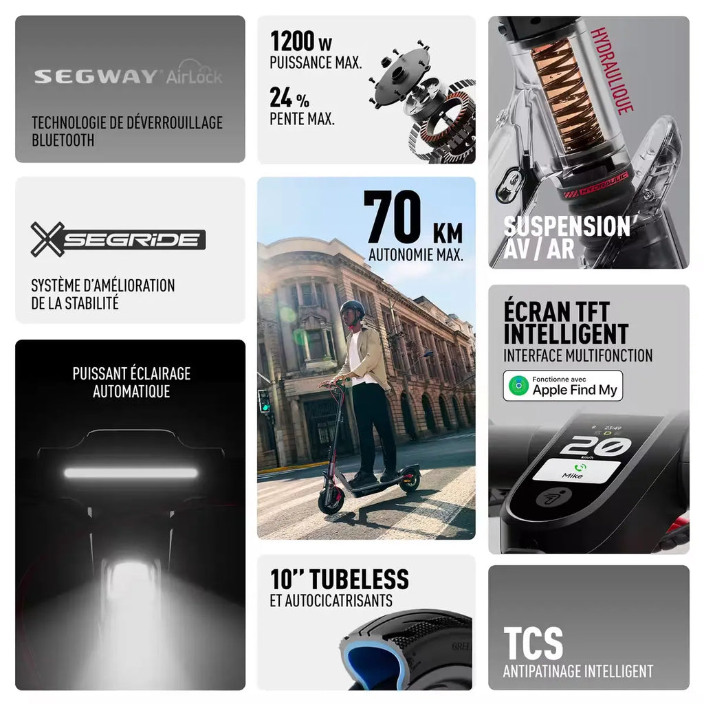 Caractéristiques de la trottinette électrique Segway Ninebot F3 Pro E : 1200 W, 70 km et écran TFT intelligent