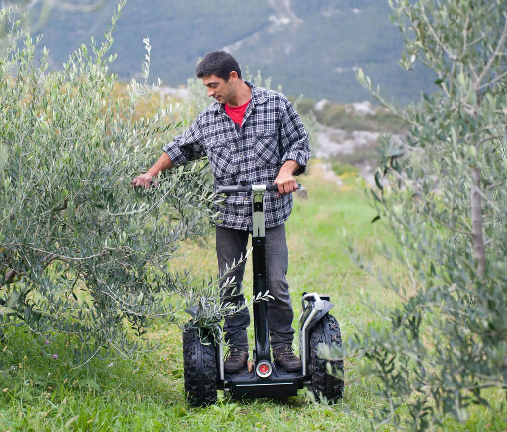 Homme utilisant un gyropode Segway X2 SE dans une oliveraie